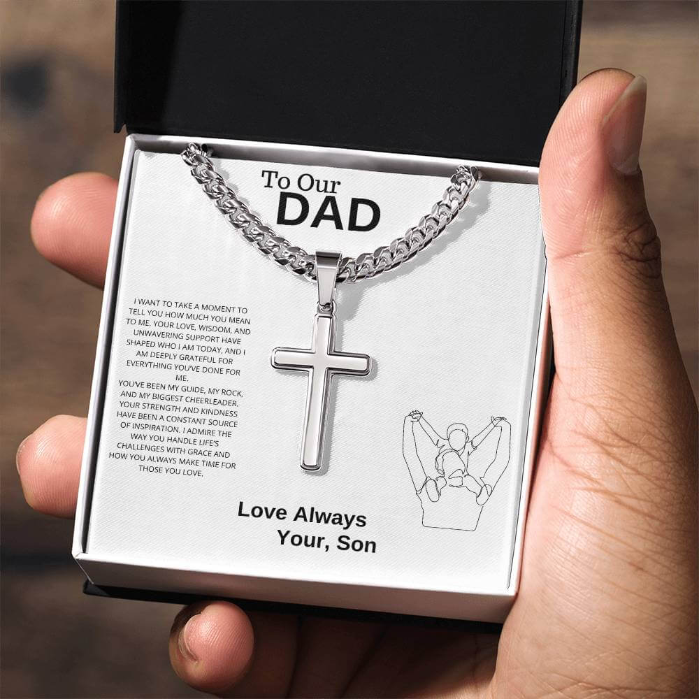 To Our Dad Artisan Cross Necklace on Cuban Chain